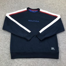 Nautica Sweatshirt Mens Medium Blue Fleece Crewneck Pullover Stripe Logo
