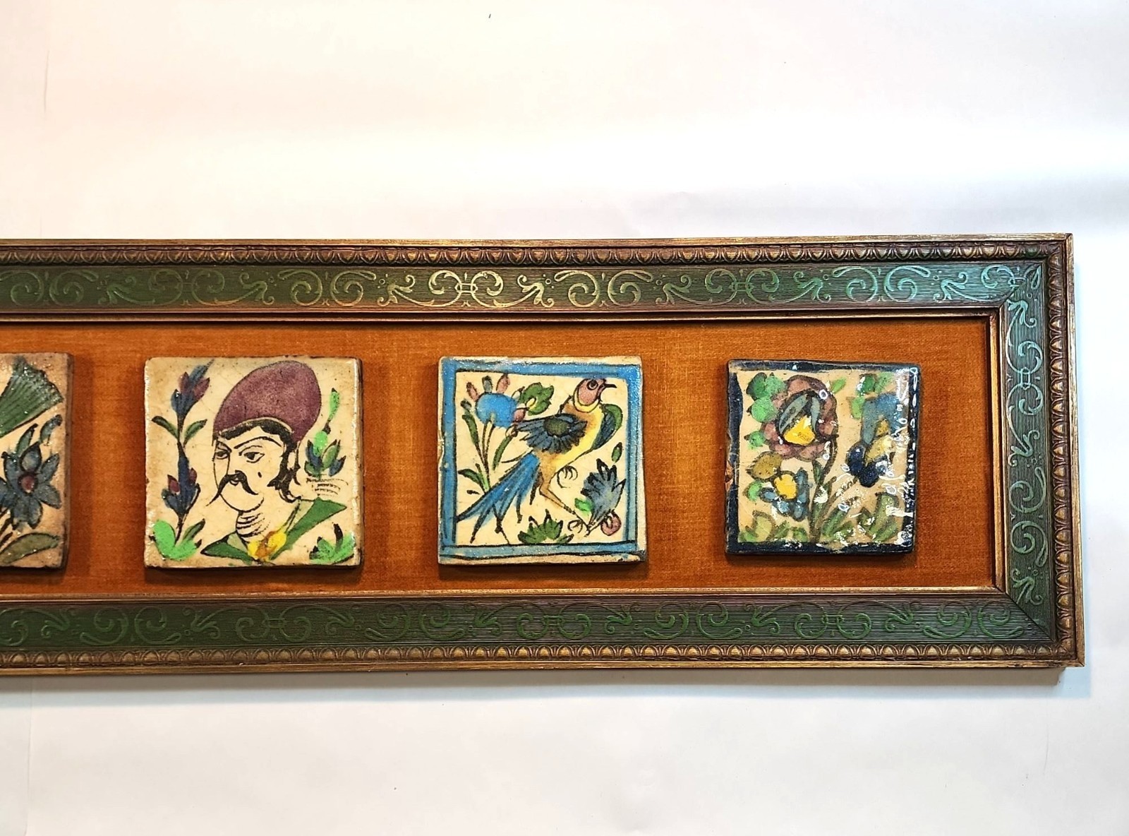 Hand-Painted VTG Persian Style Tile Wall Art Ornate Wooden Frame Floral MCM