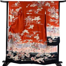 JAPANESE KIMONO FURISODE Vermilion 161.5cm 5 ft 4 in PURE SILK AA10269