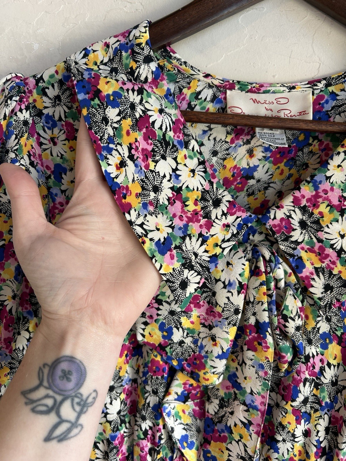 Vintage 80s Miss O By Oscar De La Renta Silk Floral Dress 4 Romantic Bow Collar 