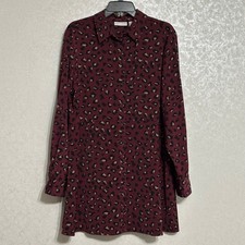 Susan Graver Tunic Shirt Dress Burgundy Leopard Print Button Front Long Sleeve L