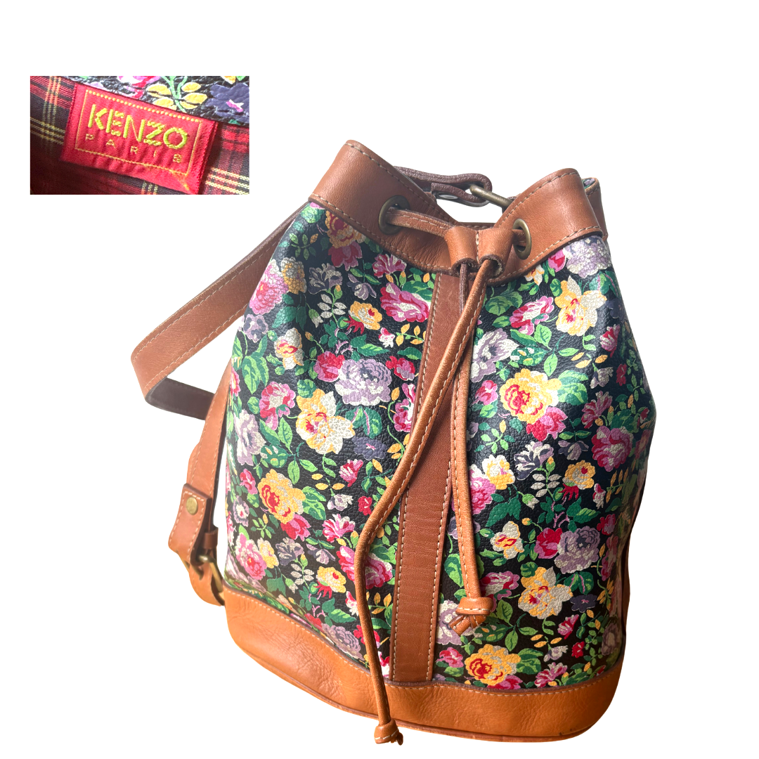 Kenzo Vintage Leather Drawstring Shoulder Bag Black Floral Pattern
