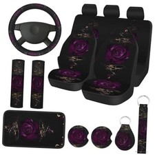 15 Pcs Rose Flower Car Seat Covers Set for Women, Universal Full Set Purple