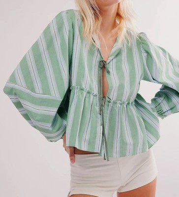Free People Brunch Babe White Spruce Stripe Tie Front Peplum Boxy Crop Top Sz M