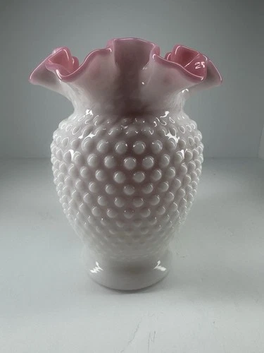 Fenton Milk Glass Outside Hobnail Pink On The Inside, Ruffled Crest 6”