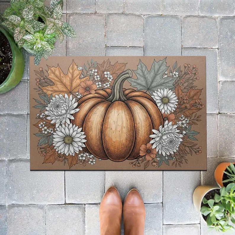 Rustic Pumpkin Floral Doormat – Autumn Harvest Welcome Mat for Fall Décor