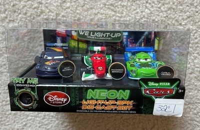 Cars Disney Store LIGHT UP 3 PK MAX SCHNELL FRANCESCO BERNOULLI CARLA VELOSO HTF