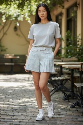 Vintage Inspiriert Blau & Beige Plissiert Skort mit Knopf Einzelheiten & Side