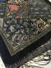 Vintage Multicolored Velvet Polyester Scarf Wrap with Tassels 60 1/2" x 19 1/2"