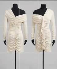 Beige Bodycon Dress Ruched Ruffle Off Shoulder Asymmetric Neck Long Sleeve Short
