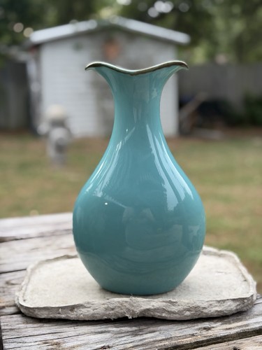 Studio Home Brazil Large Turquoise Ceramic Vase 12” Organic Flared Rim MCM