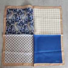 Cremieux pocket square panels blue cream 100 silk foulard pochette new 35