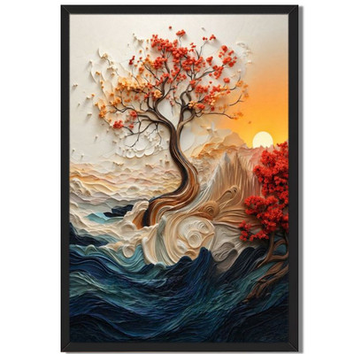 Textured Landscape Framed Art 3D Tree Scene with Vibrant Leaves and Waves