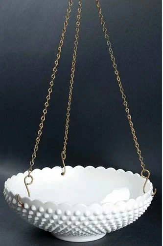 RARE! Antique Vintage Fenton Hobnail Milk Glass Large Hanging Bird Bath Planter