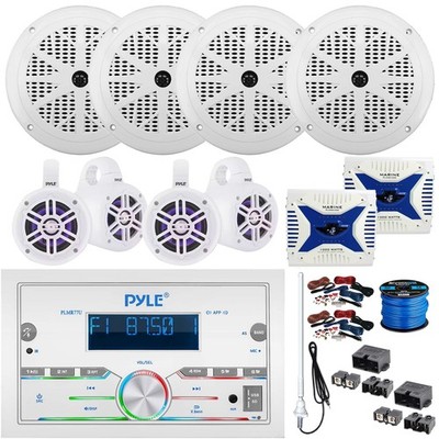 Pyle Marine Radio, 4x 4'' Bluetooth LED + 4x 6.5'' Speakers, 2x Amp, Accessories