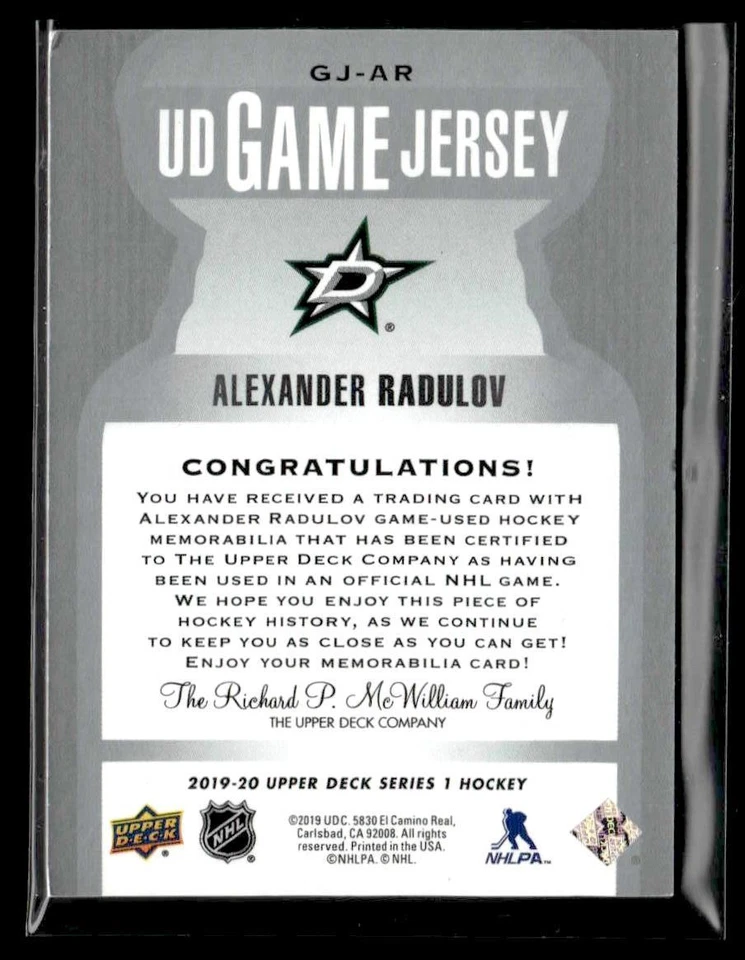 2019-20 Upper Deck #GJ-AR Alexander Radulov UD Game Jersey - Image 2 of 2