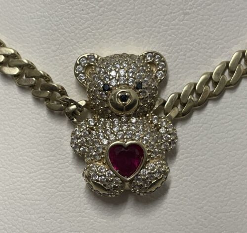 Diamond Cut Heart Teddy Bear Necklace Real 10K Yellow Gold - Picture 1 of 9