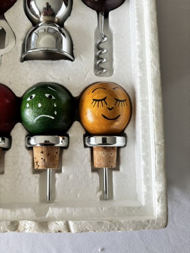 Vtg 60s Frohes Geschenk Bar Ware 6 Pcs Gift Set Wooden Top Funny Faces Japan NEW - Picture 5 of 7