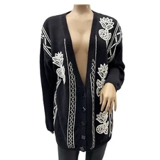 90s Vintage Mixit Black Cardigan Sweater Embroidered Floral Deep V-Neck Size S
