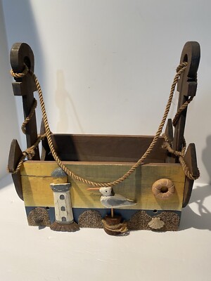 Vtg Nautical  Beachy Anchor Wood Box Farmhouse Decor Storage Rope Handle