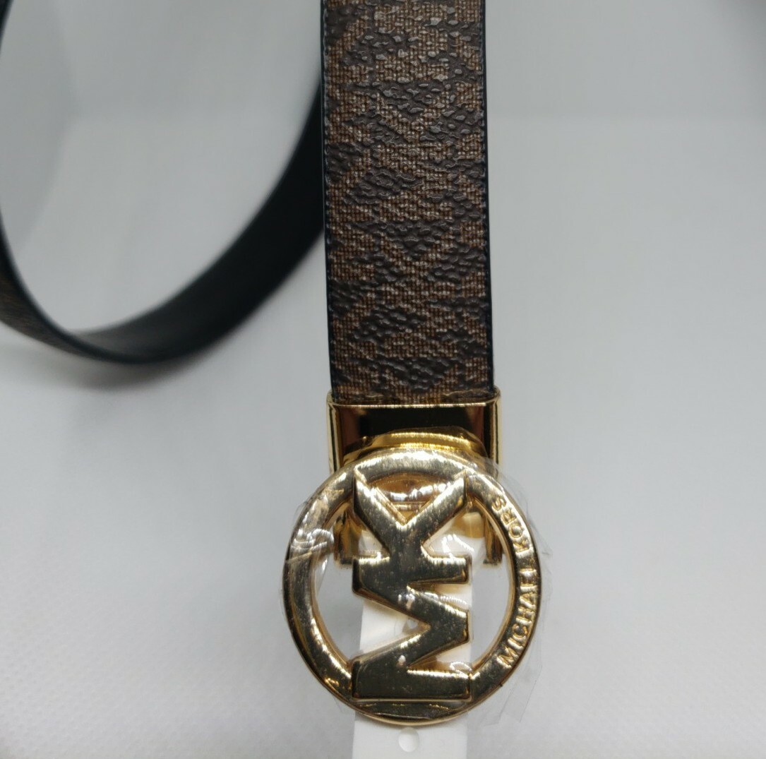 Michael Kors Brown Leather MK Circle Logo Belt with Gold Buckle MICHAEL KORS BELT BROWN MK MINI LOGO GOLD MK RECTANGULAR  main image 4