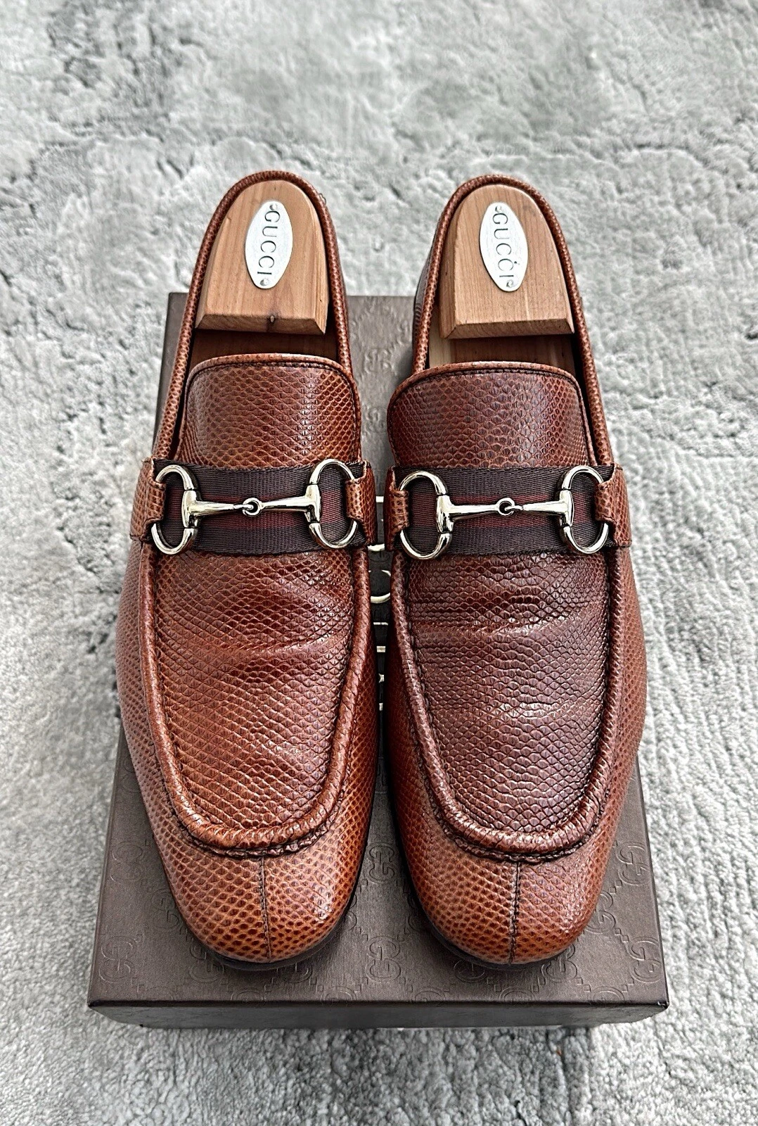 Authentique mocassin homme Gucci peau de lézard cuir marron US9,5 EU43 UK9