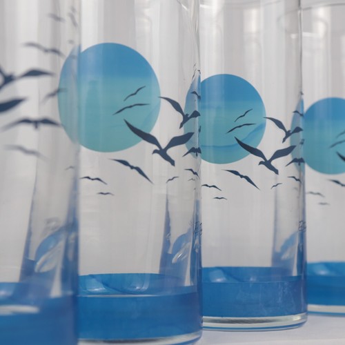 Vintage Set of 4 Panache 6.25" Collins Glasses 12 oz. Blue Birds Seagulls Sunset - Picture 4 of 5
