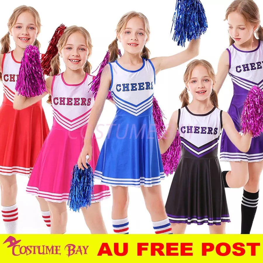 Kids Girls Cheerleader Costume Dress Uniform PomPom Book Week Sports  Carnival AU