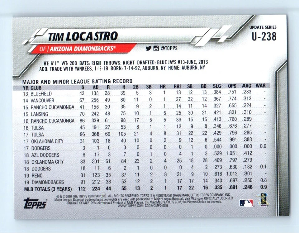 2020 Topps Update Tim Locastro Arizona Diamondbacks #U-238 - Image 2 of 2