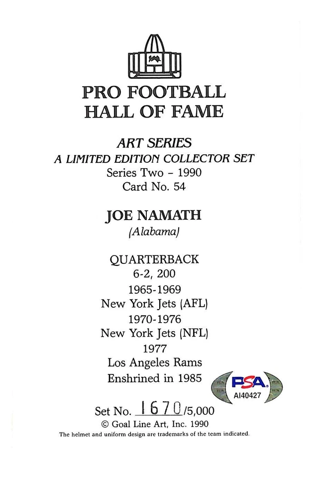 Joe Namath Autographed Goal Line Art Card GLAC Jets PSA/DNA 100233 - Image 2 of 3
