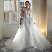 Mermaid Wedding Dress Detachable Long Sleeves Scoop Beading Applique Bridal Gown