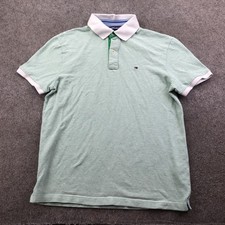 Tommy Hilfiger Polo Shirt Mens Medium Green Stripe Custom Fit Logo Casual