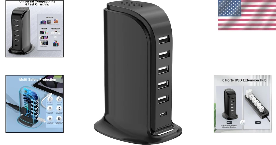 Bloque Cargador USB - 6 Puertos con Tipo C, Smart IC Tech, 60W para Múltiples Dispositivos Foto 2 de 4