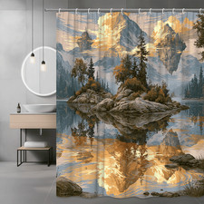 Mountain Lake Landscape Shower Curtain, Forest and Rock Scene