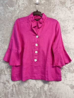 John Mark Size L Hot Pink Linen Popover Top Shell Buttons 1579
