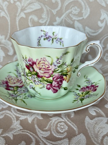 Vintage Royal Grafton Light Green With Carnations Tea cup saucer England. - Picture 2 of 20