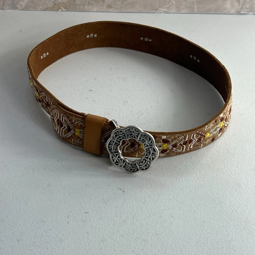 Cinturón de cuero Lucky Brand para mujer pequeño metal floral hebilla bordado boho Foto 2 de 4