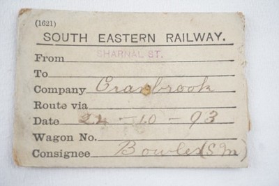 1893 South Eastern Railway Wagon Label Sharnal Street - Cranbrook