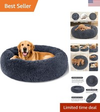 36" Dark Grey Dog Calming Bed - Round Donut Washable Faux Fur for Anxiety Relief