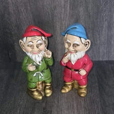 Set of 2 VTG JAPAN PAPIER MACHE GNOME WITH PIPE LUCKY ELF FAIRY 5" FIGURES
