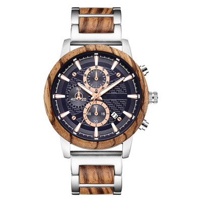 Mens Wood Steel Chronograph Watch Natural Wooden Case Quartz Calendar Unique