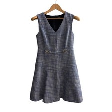 Ann Taylor Blue Tweed Fit Flare Dress V-Neck Horsebit Detail Womens Size 6