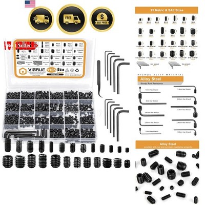 1105PCS 25 Sizes Metric & SAE Set Screw Assortment Kit Internal Hex Drive All...