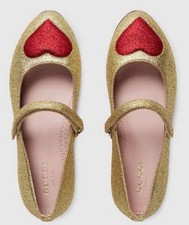 NIB Gucci Gold Glitter Red Heart Detailed Ballet Flats Size 26EU/US10 $395.00
