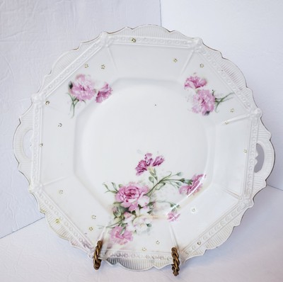 Antique RS Prussia Porcelain White Cake Plate Pink Roses Gold Accents 11.25 