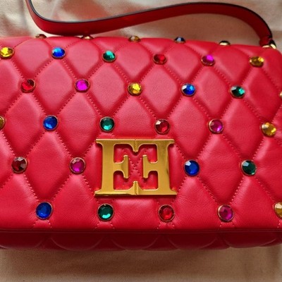 ESCADA Red Quilted Shoulder Bag with Colorful Stones & EE Logo USED JAPAN item