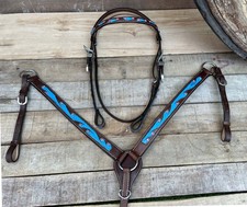 New Western Brown Leather Set of One Ear Headstall and Breast collar