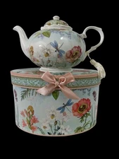 Porcelain Teapot 9.5 X 5.6 in Matching Gift Box with Floral & Dragonfly Design