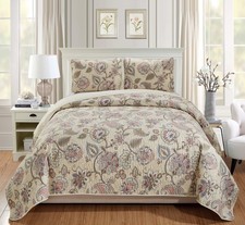3pc Full/Queen Bedspread Quilt Set Floral Beige Pink Blue Taupe Green Flowers...