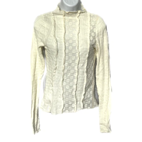 Free People Mock Neck Knit Top Size Small Gardenia Long Sleeve Lace Stretch NEW